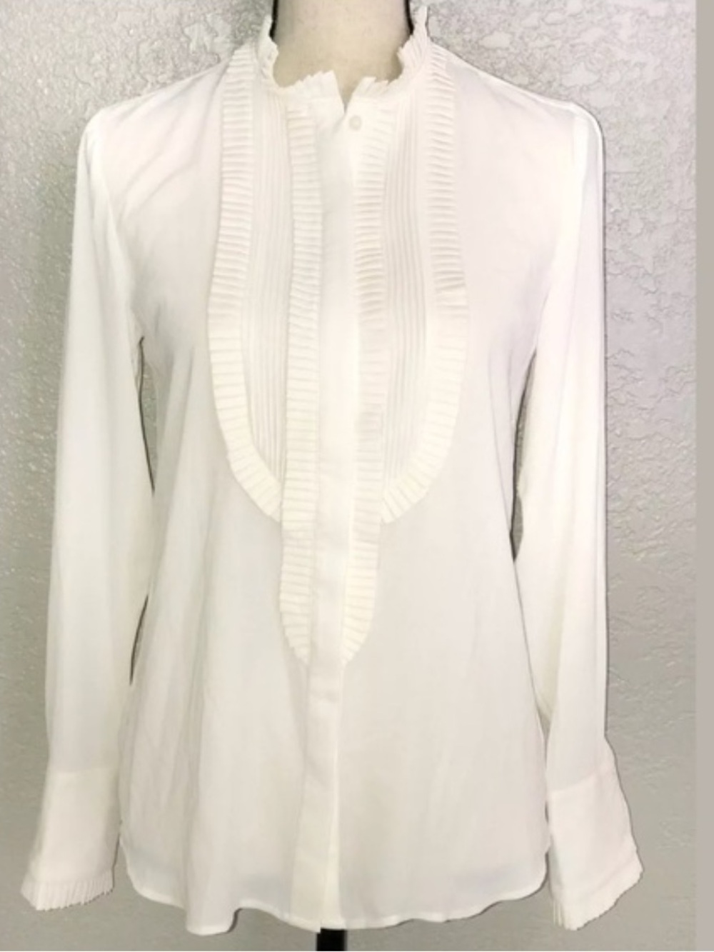 Ann Taylor Cream Ruffle-Placket Long Sleeve Blouse